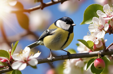Fototapeta premium A small yellow-breasted tit bird sits on a branch of a flowering apple tree. The urban bird is a tit in its habitat. ornithological diversity 