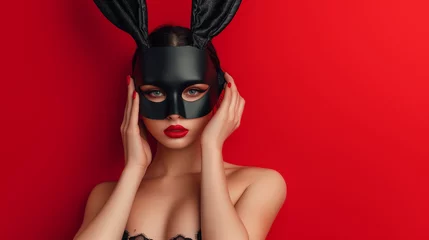 Woman banny mask with standing on red background © ksu_ok