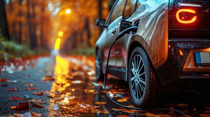Close-up of electric car charging on the street in rainy day in autumn