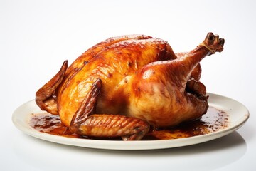 Tempting roast chicken on a ceramic tile against a white background