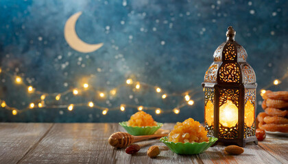 Celebrating Ramadan background with Arabic lantern, moon, lighting and festive table, Eid al Fitr...
