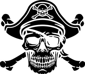 A pirate skull and crossbones jolly roger grim reaper cartoon wearing captain a hat and eye patch