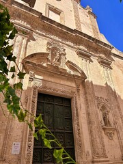 historic church, large entrance door in a baroque church, a twig of a climbing plant on the background of the church, sandy church facade