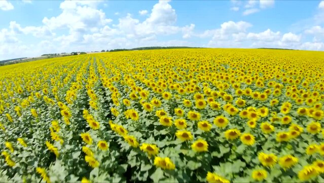 Drone fly above of meadow with blooming sunflowers. Aerial shot of farmland with yellow agricultural plants at sunny summer day. Scenic countryside landscape. Beautiful nature scene. Farming concept