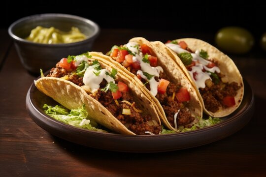 Juicy tacos on a rustic plate against a white background