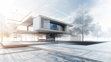 Conceptual design of a futuristic home. House with transparent overlays of architectural plans in a misty landscape - obrazy, fototapety, plakaty