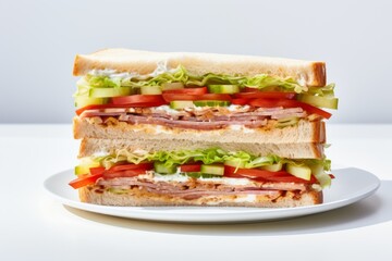 Refined sandwiches on a ceramic tile against a white background