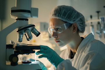 Young female medical laboratory technician at work at a microscope Chemical or biological analyzing laboratory