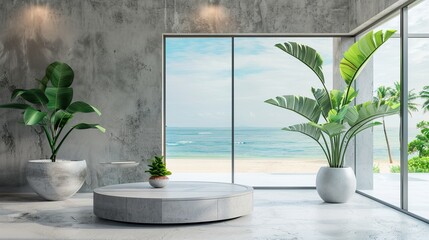 Modern luxury beach house interior: indoor plant on white floor, lounge area by sea view glass window - home decor concept