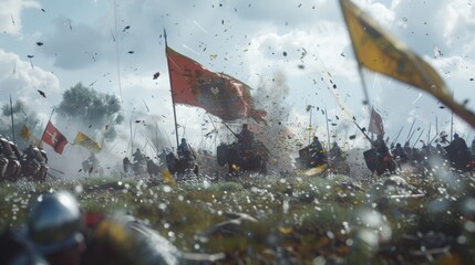 A group of lancers in the midst of a fierce skirmish their colorful flags and banners fluttering in the wind as they clash with their foes.