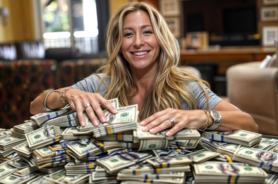 femme heureuse qui vient de gagner un pactole &agrave; la loterie