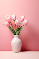 pink tulips in a vase on a pink wall