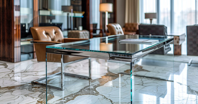 an executive office table with polished metal accents and a glass tabletop for an air of refinement High detailed and high resolution smooth and high quality photo