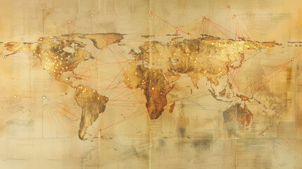 Fototapeta na wymiar Vintage World Map with Golden City Lights and Network Connections Illustrating Global Trade and Communication