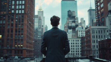 Global business: businessman silhouetted against new york city skyline