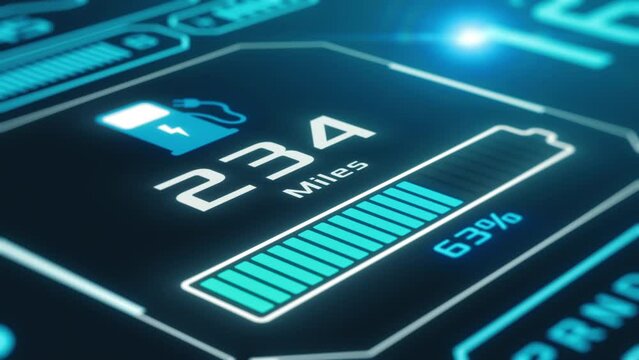 Electric or hybrid car dashboard display, futuristic hud, charging battery, close up (3d render)