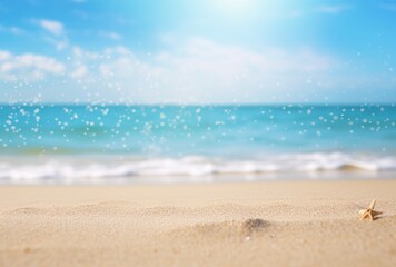 Fototapeta na wymiar sand beach scene with bokeh and bright white sea