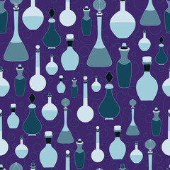 Vector hand drawn potion flasks and bottles seamless pattern, perfect for spooky events and themes.
