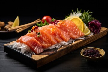 Exquisite sashimi on a wooden board against a white background