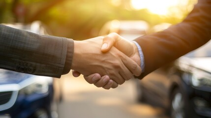 New car dealership: handshake symbolizing purchase agreement between seller and customer. Sales, financing, rental, insurance, installment options available - obrazy, fototapety, plakaty