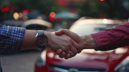 New car dealership: handshake symbolizing purchase agreement between seller and customer. Sales, financing, rental, insurance, installment options available