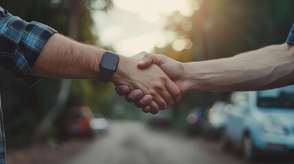 New car dealership: handshake symbolizing purchase agreement between seller and customer. Sales, financing, rental, insurance, installment options available - obrazy, fototapety, plakaty