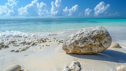 Fototapeta na wymiar stone in front of bright tropical beach background