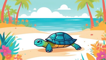 Fototapeta na wymiar cute turtle on the sandy shore, among tropical flowers on a white background, travel concept.