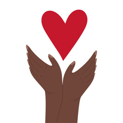 Conceptual vector image: love in hands. Hands reach for the heart. Flat cartoon style