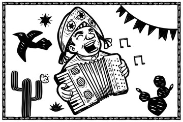 Accordion player and typical symbols of the Brazilian Northeast. Vector in woodcut style