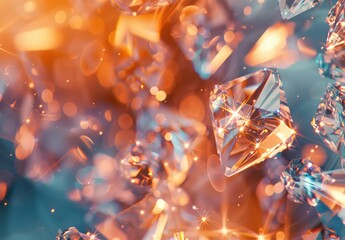 diamonds and sparks, in the style of light blue and orange, blurred imagery, shiny glossy - obrazy, fototapety, plakaty