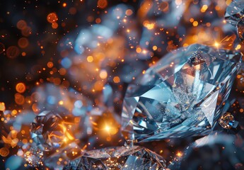 diamonds and sparks, in the style of light blue and orange, blurred imagery, shiny glossy - obrazy, fototapety, plakaty