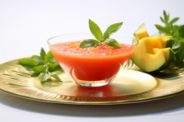 Obraz na płótnie Canvas Juicy gazpacho on a palm leaf plate against a white background