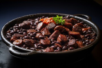 Obraz premium Tempting feijoada on a metal tray against a white background