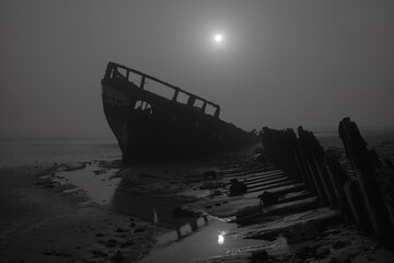 A ghostly shipwreck emerging at low tide under the moonlight its eerie presence a silent testament to the seas hidden stories - obrazy, fototapety, plakaty