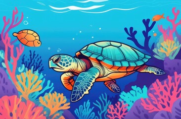 Naklejka premium sea turtle swims among corals and fish in sunlight, azure tropical sea, vacation, travel concept.