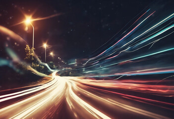 Car light trails in road at night illustration