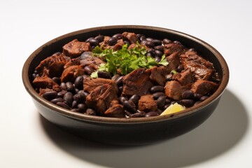 Obraz premium Tasty feijoada on a marble slab against a white background