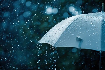 a white umbrella is standing in the rain with drops falling on it, in the style of light silver and dark blue