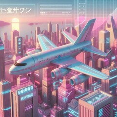 An airplane flies over a futuristic neon neon cyberpunk cityscape