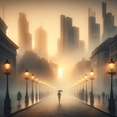 Sunset in a foggy rainy city
