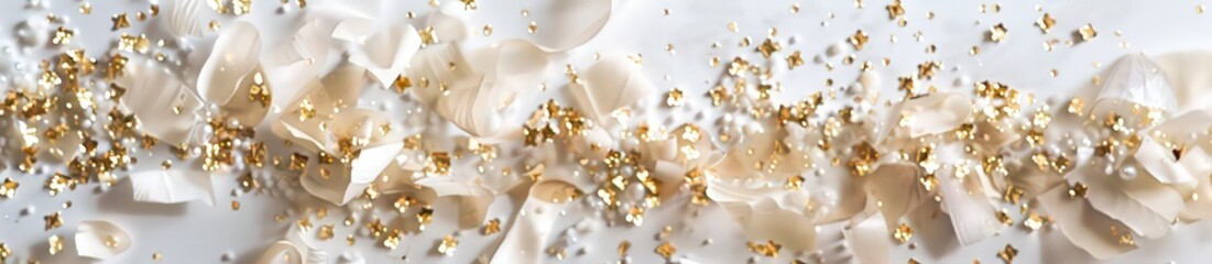 an empty table with a christmas tree and some gold confetti, in the style of light gray and light beige