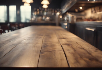 Empty wooden table inside professional restaurant kitchen for product placement advertisement