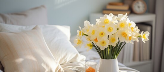 A white vase sits on a bed, overflowing with fresh yellow narcissus flowers. The cozy bedroom setting enhances the vibrant colors of the flowers against the white vase.