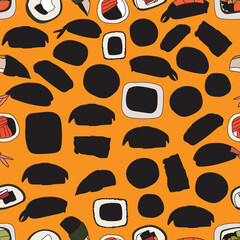 Repeat pattern with delicious hand drawn sushi and chopsticks 