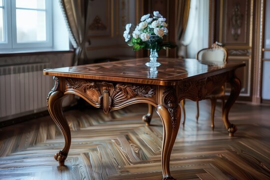 an elegant table with decorative ornaments, in the style of smooth and curved lines, old timey