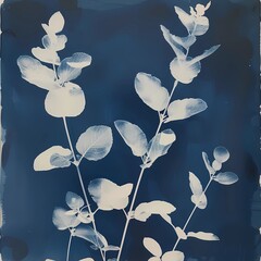floral background of blue cyanotype silhouette plant - 747387324