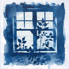 floral background of blue cyanotype silhouette plant - 747387332