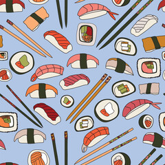 Repeat pattern with delicious hand drawn sushi and chopsticks 