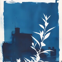 floral background of blue cyanotype silhouette plant - 747387377